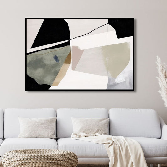 Abstract Oil Painting with Green, Beige, and Black Geometric Brushstrokes