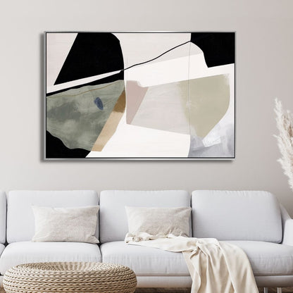 Abstract Oil Painting with Green, Beige, and Black Geometric Brushstrokes