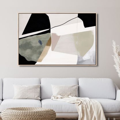 Abstract Oil Painting with Green, Beige, and Black Geometric Brushstrokes