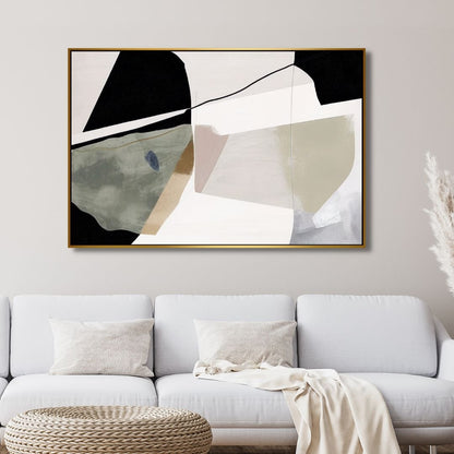 Abstract Oil Painting with Green, Beige, and Black Geometric Brushstrokes