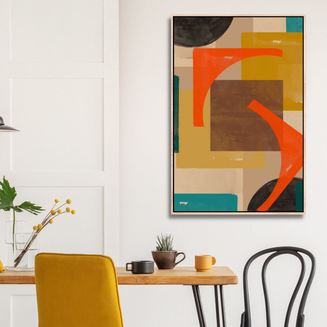 Vibrant Geometric Abstract Oil Painting in Green, Blue, and Orange Tones