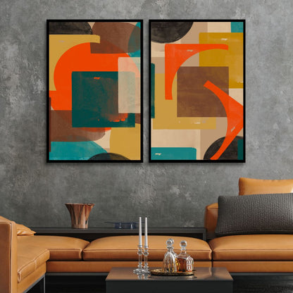 Vibrant Geometric Abstract Oil Painting in Green, Blue, and Orange Tones