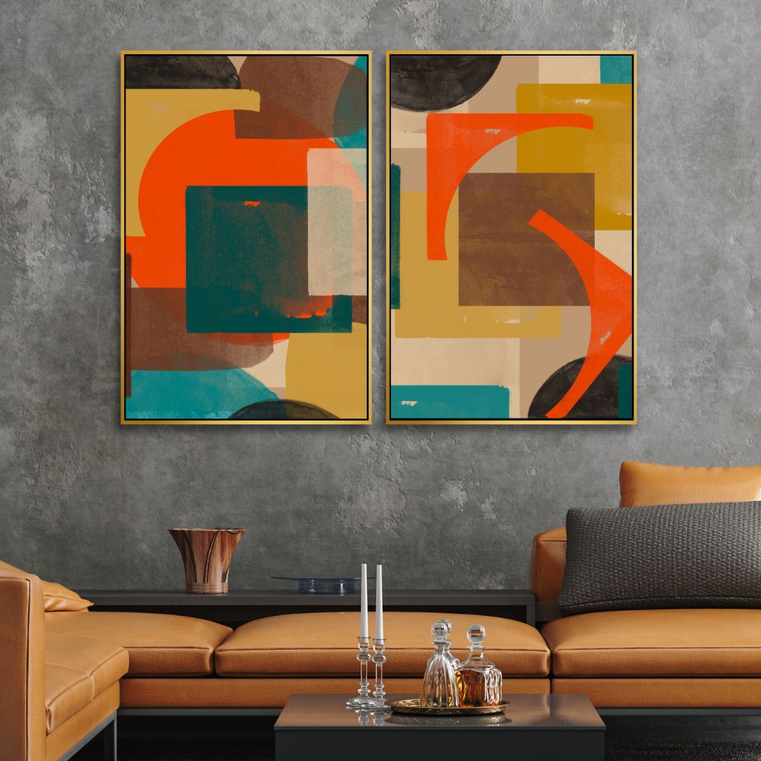 Vibrant Geometric Abstract Oil Painting in Green, Blue, and Orange Tones