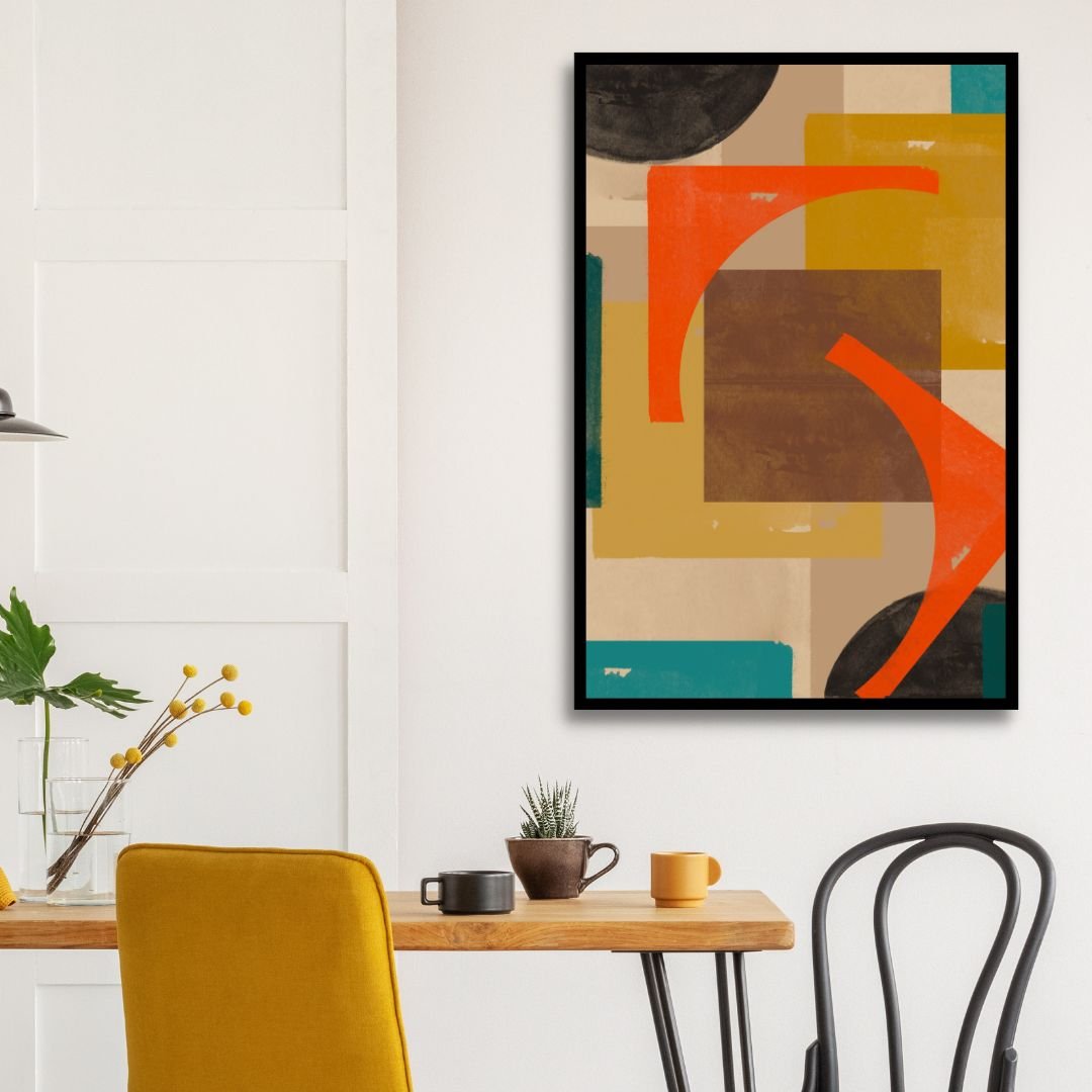 Vibrant Geometric Abstract Oil Painting in Green, Blue, and Orange Tones