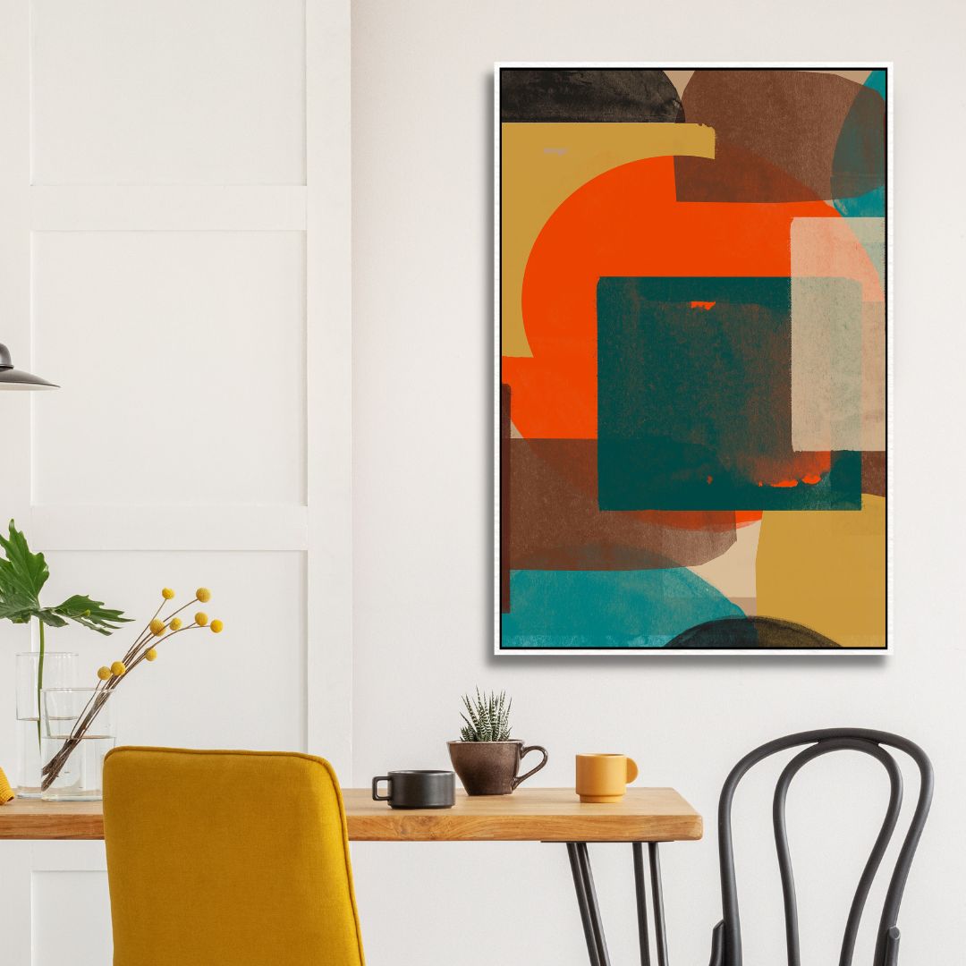 Vibrant Geometric Abstract Oil Painting in Green, Blue, and Orange Tones