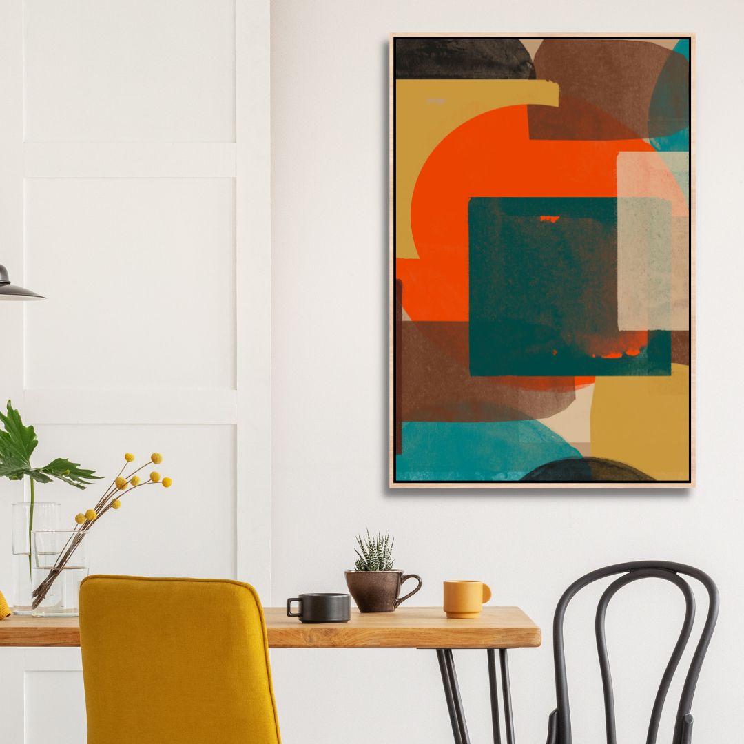 Vibrant Geometric Abstract Oil Painting in Green, Blue, and Orange Tones