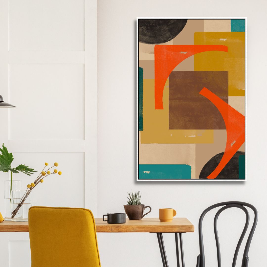 Vibrant Geometric Abstract Oil Painting in Green, Blue, and Orange Tones