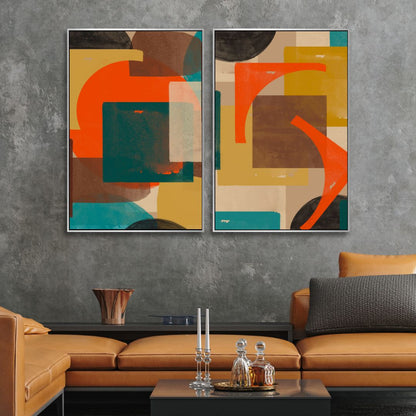 Vibrant Geometric Abstract Oil Painting in Green, Blue, and Orange Tones