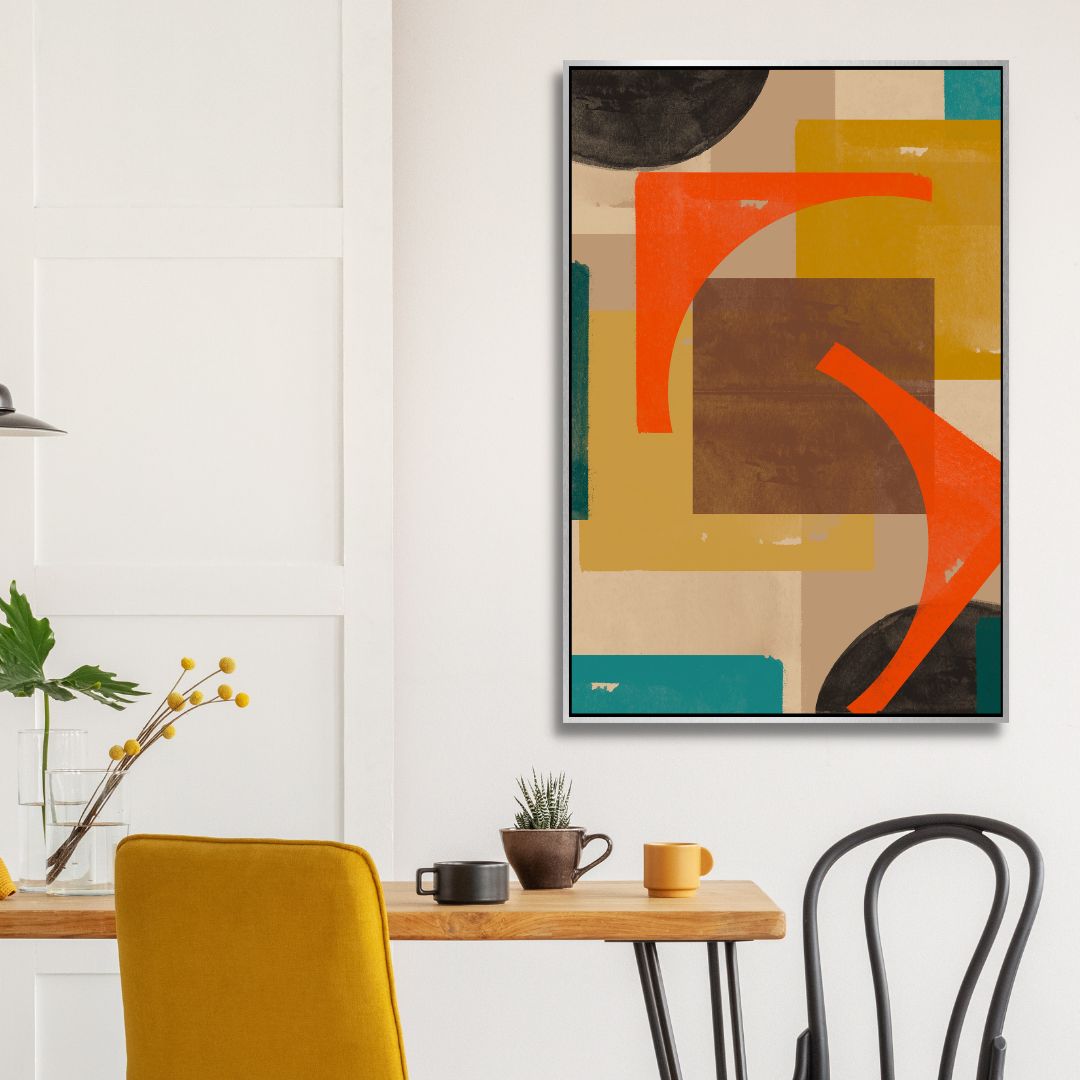 Vibrant Geometric Abstract Oil Painting in Green, Blue, and Orange Tones