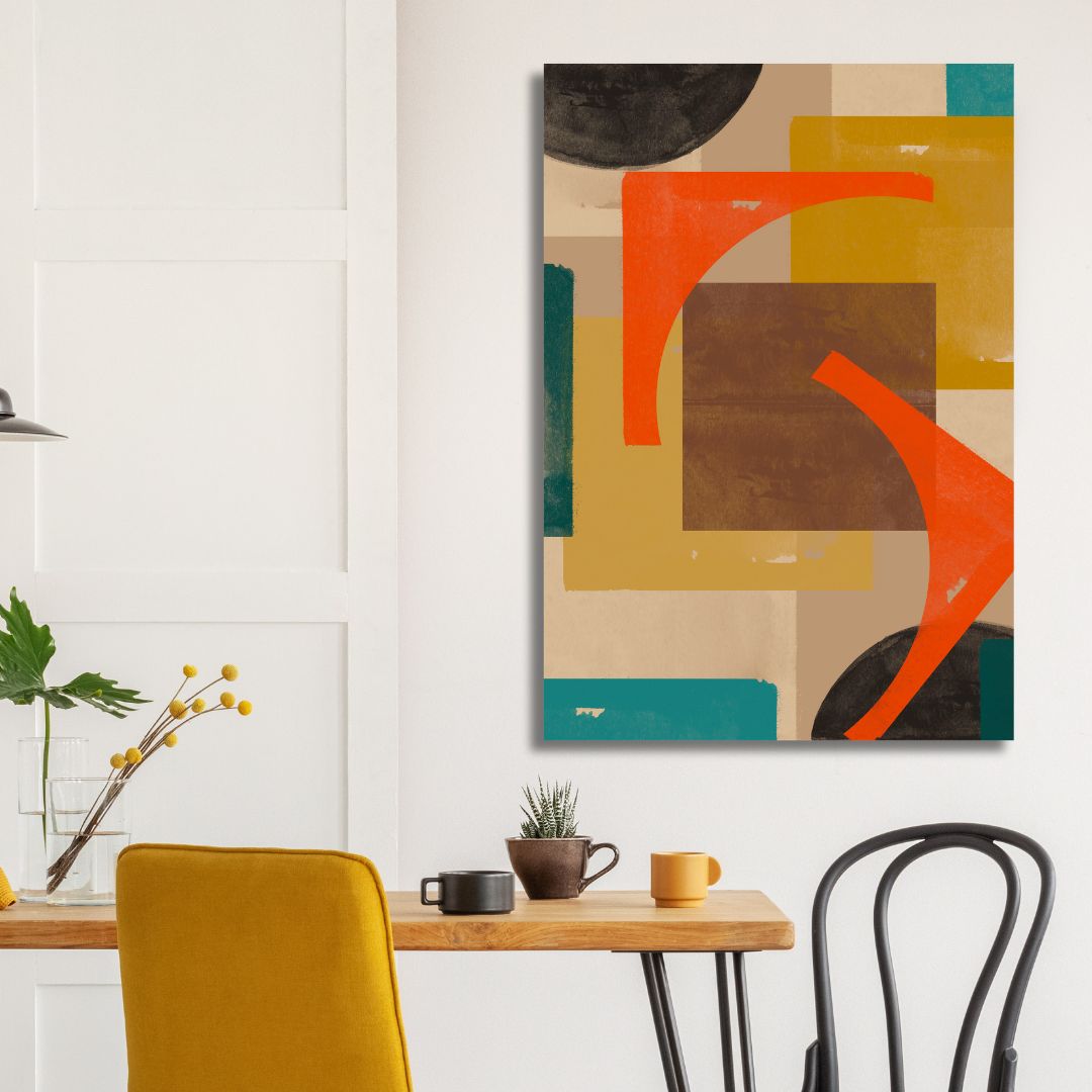 Vibrant Geometric Abstract Oil Painting in Green, Blue, and Orange Tones