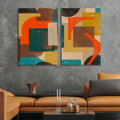 Vibrant Geometric Abstract Oil Painting in Green, Blue, and Orange Tones