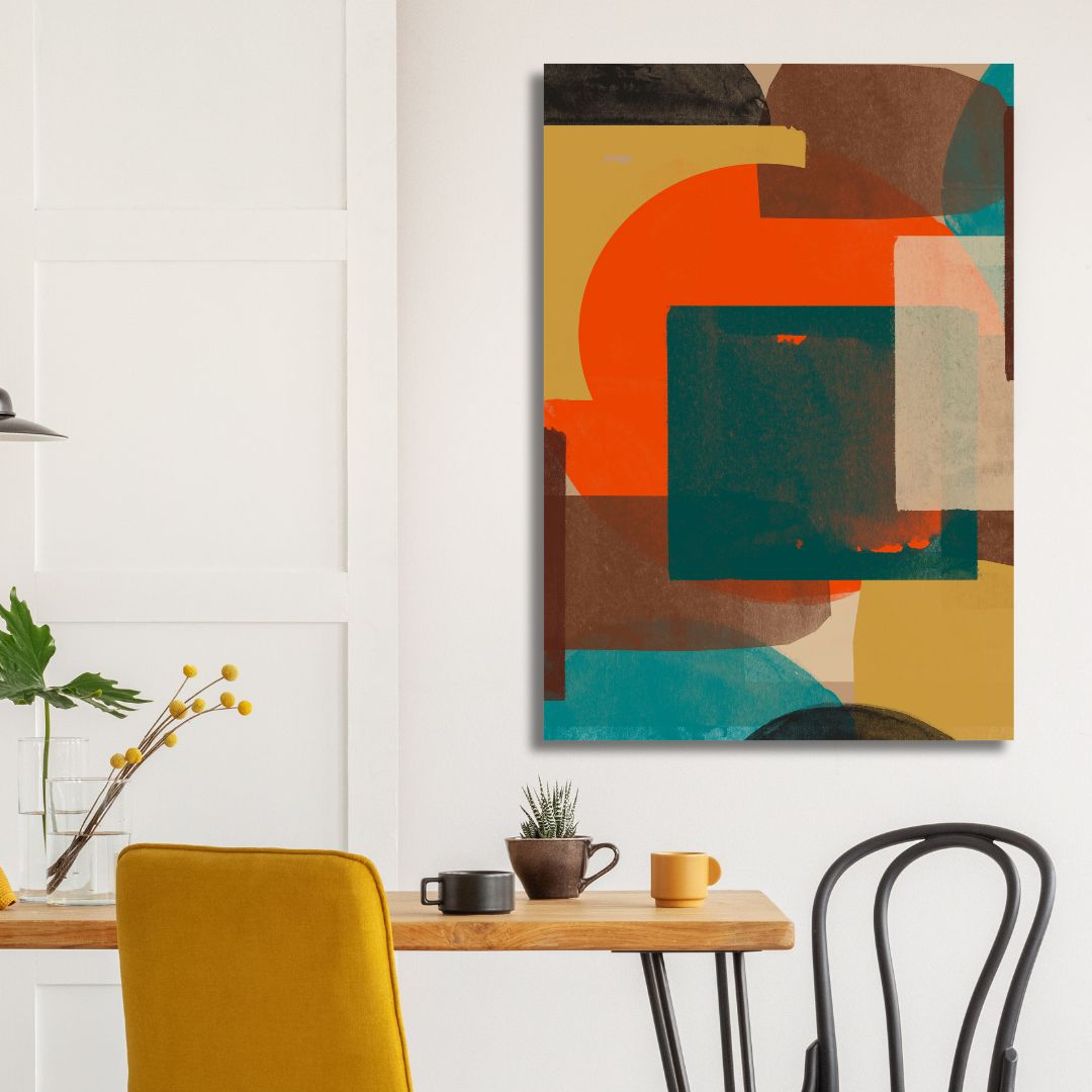 Vibrant Geometric Abstract Oil Painting in Green, Blue, and Orange Tones