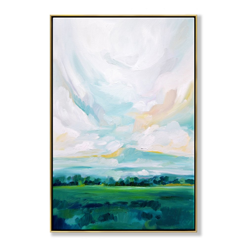 Lush Green Meadows: Vibrant Oil Painting of Rolling Hills and Serene Sky