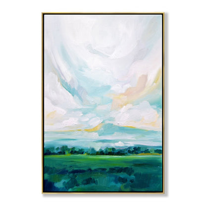 Lush Green Meadows: Vibrant Oil Painting of Rolling Hills and Serene Sky