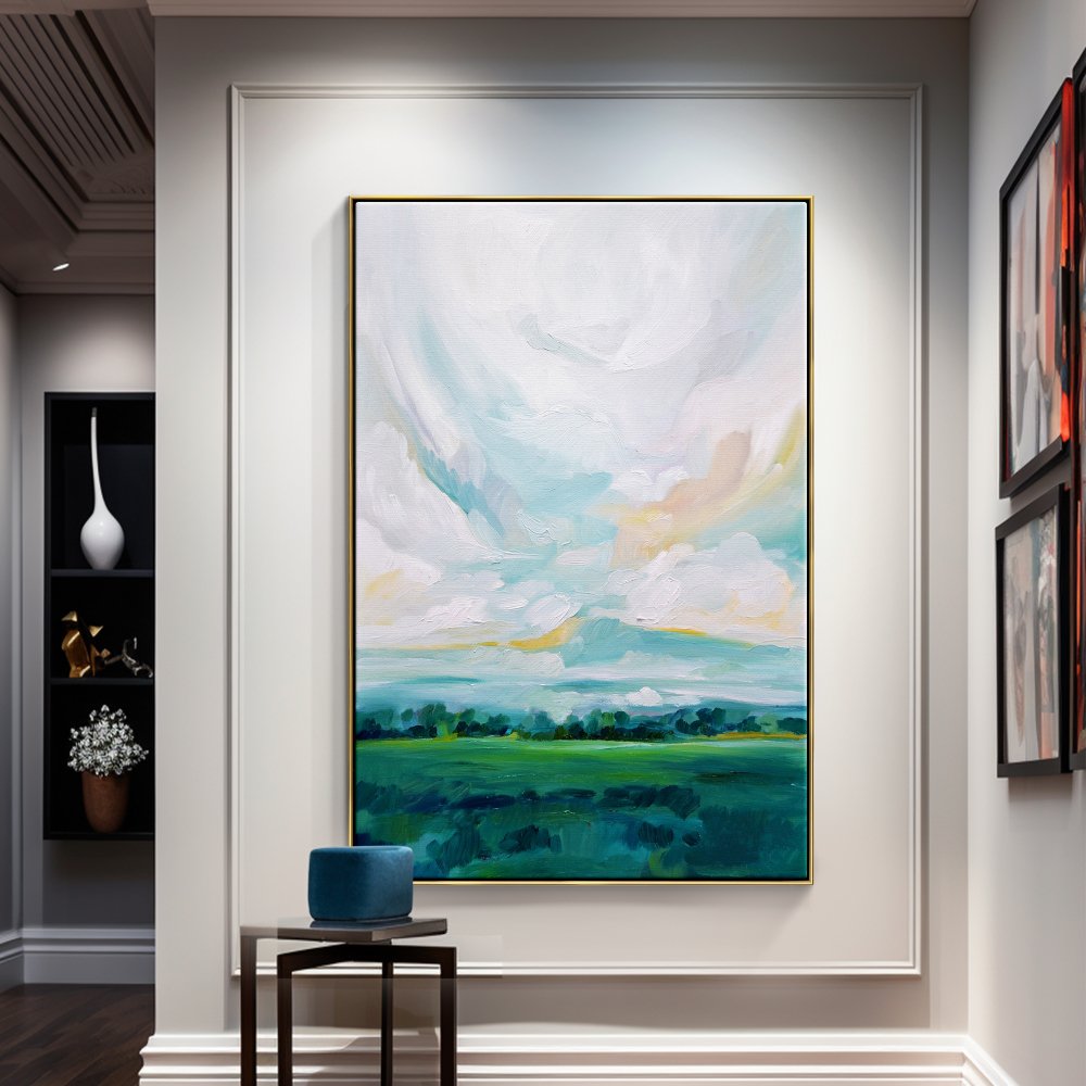 Lush Green Meadows: Vibrant Oil Painting of Rolling Hills and Serene Sky