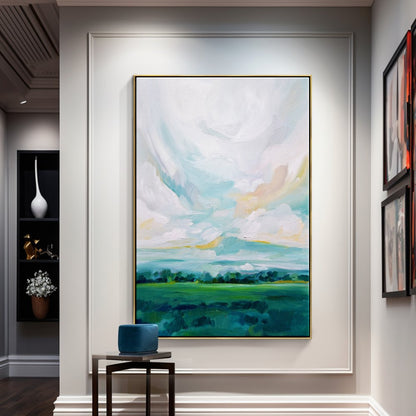 Lush Green Meadows: Vibrant Oil Painting of Rolling Hills and Serene Sky