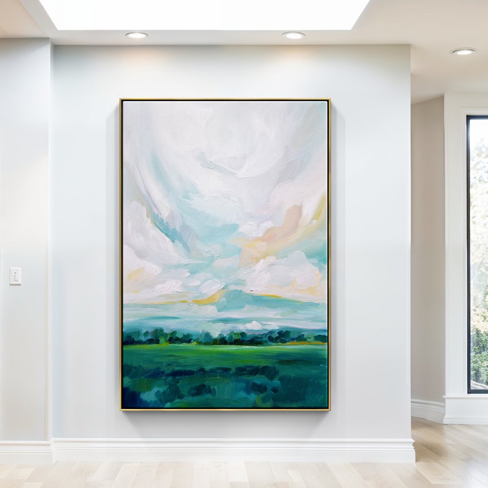 Lush Green Meadows: Vibrant Oil Painting of Rolling Hills and Serene Sky