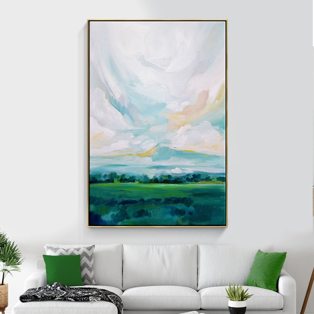 Lush Green Meadows: Vibrant Oil Painting of Rolling Hills and Serene Sky