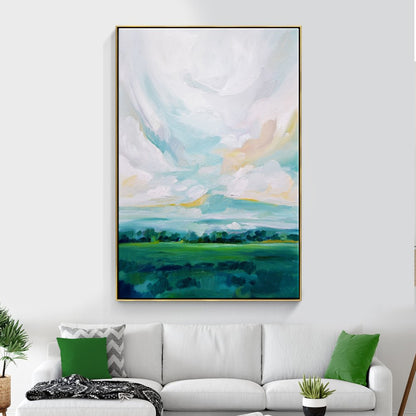 Lush Green Meadows: Vibrant Oil Painting of Rolling Hills and Serene Sky