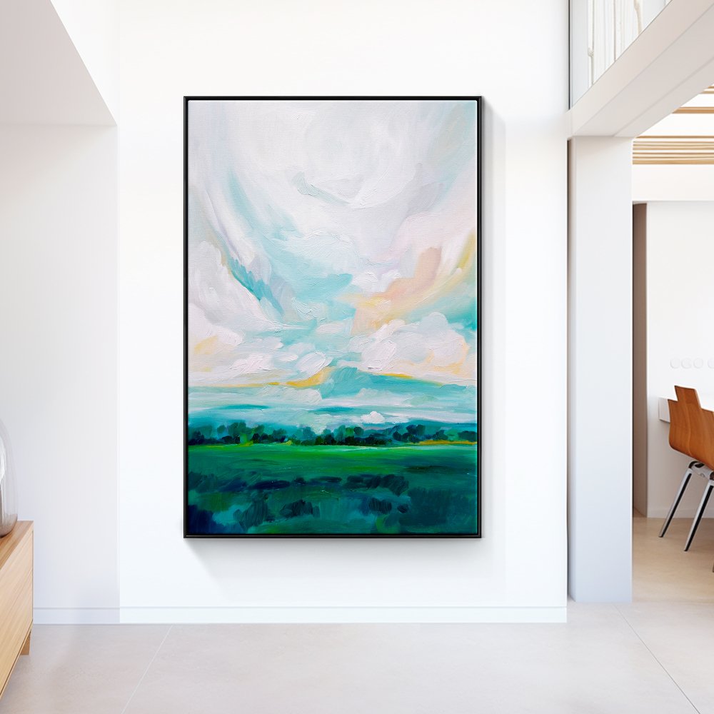 Lush Green Meadows: Vibrant Oil Painting of Rolling Hills and Serene Sky