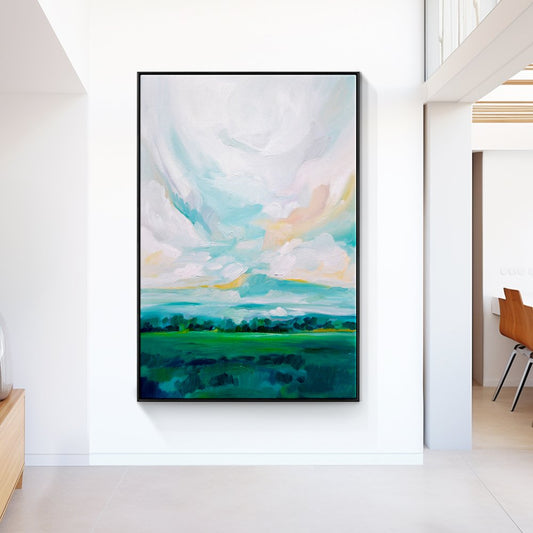 Lush Green Meadows: Vibrant Oil Painting of Rolling Hills and Serene Sky