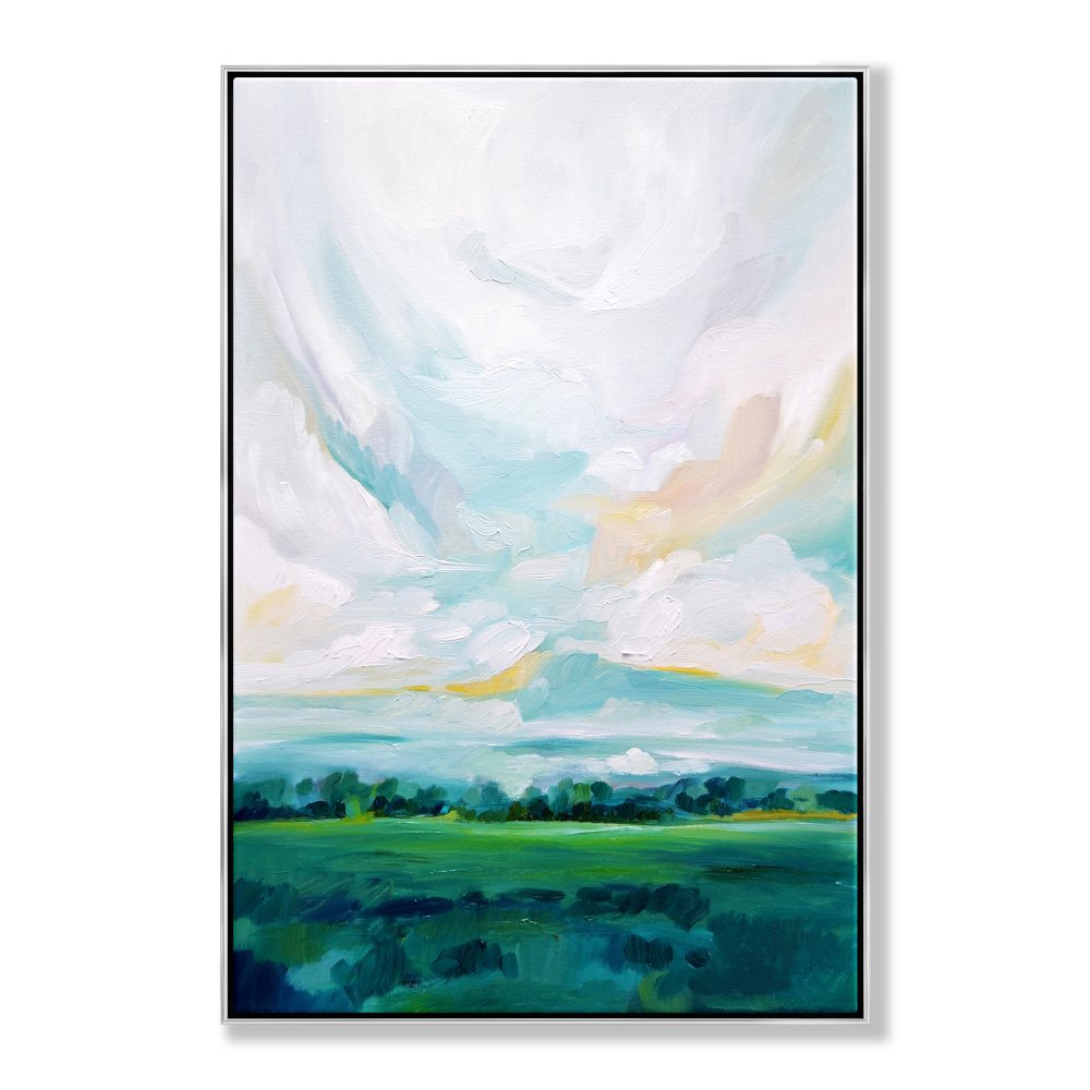 Lush Green Meadows: Vibrant Oil Painting of Rolling Hills and Serene Sky