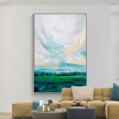 Lush Green Meadows: Vibrant Oil Painting of Rolling Hills and Serene Sky