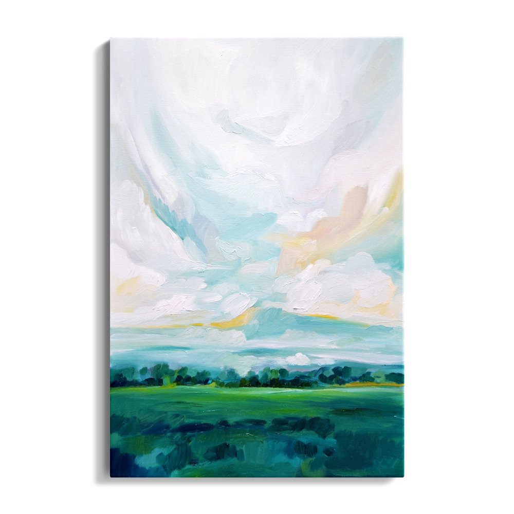Lush Green Meadows: Vibrant Oil Painting of Rolling Hills and Serene Sky