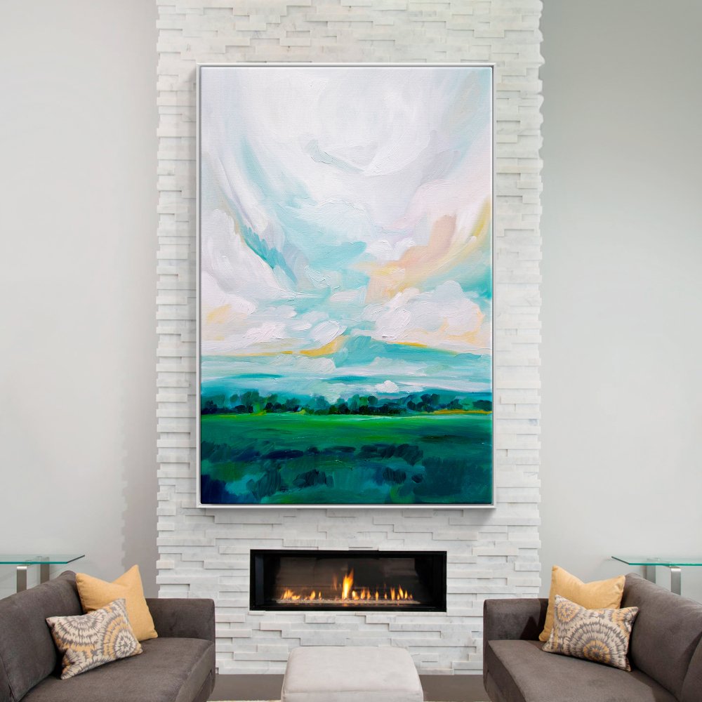 Lush Green Meadows: Vibrant Oil Painting of Rolling Hills and Serene Sky
