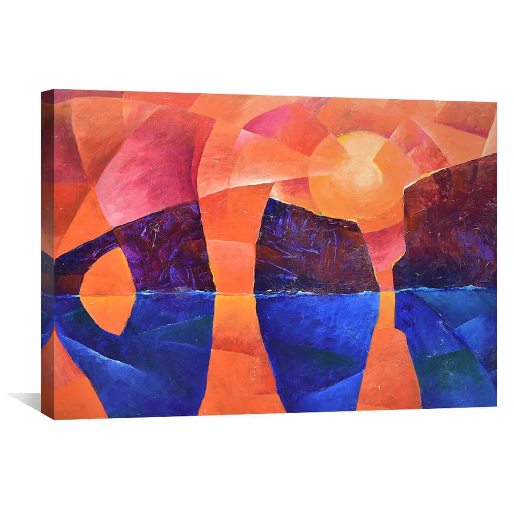 Vibrant Cubist Ocean Landscape Oil Painting for Modern Home Decor