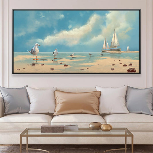 Seagulls by the Beach: Tranquil Coastal Oil Painting Art