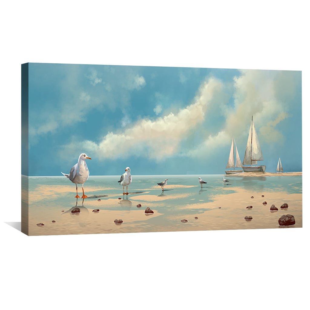 Seagulls by the Beach: Tranquil Coastal Oil Painting Art