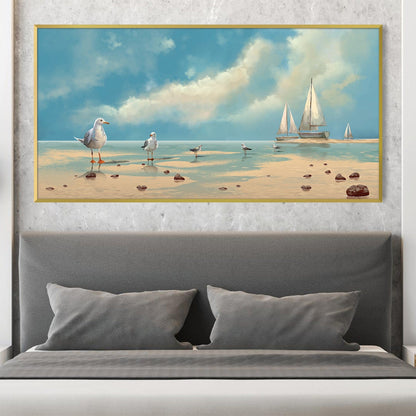 Seagulls by the Beach: Tranquil Coastal Oil Painting Art