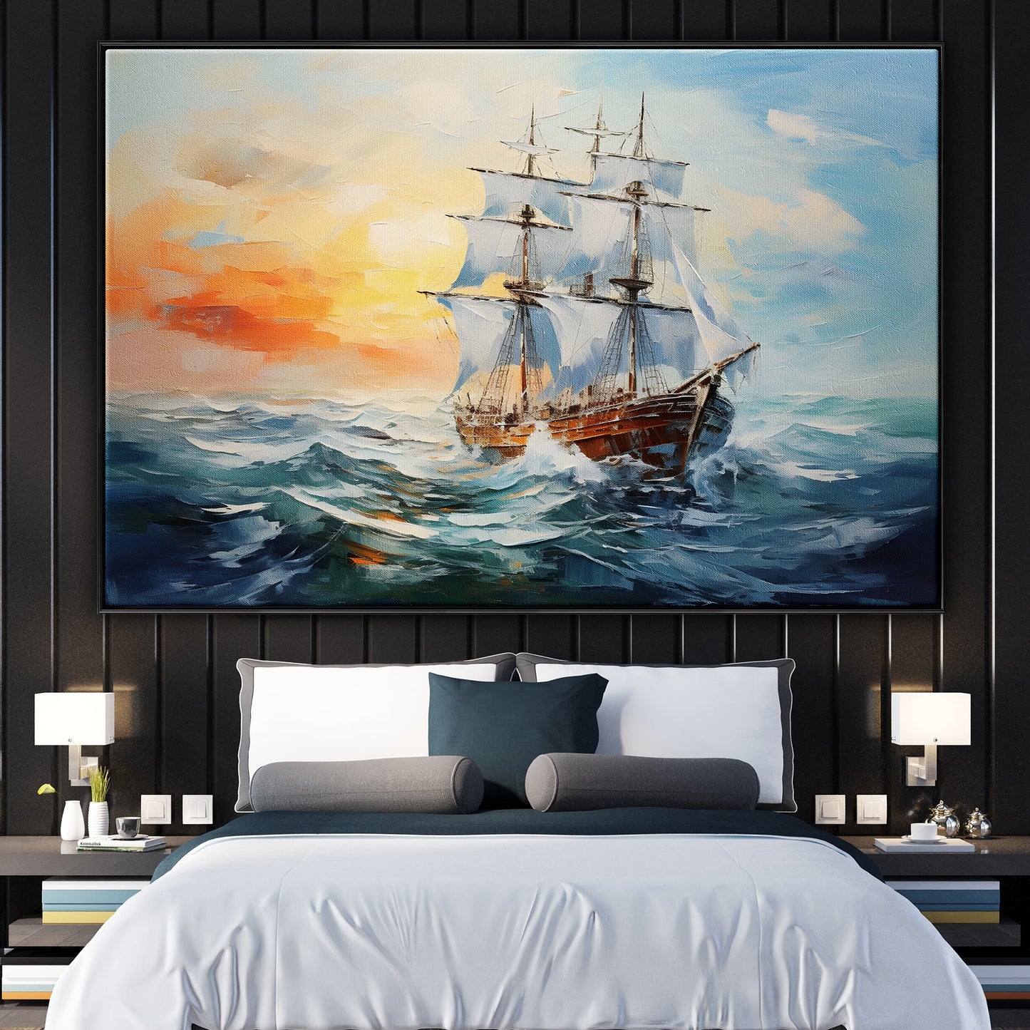Majestic Sailing Ship Sunrise Over Waves - Beautiful Oil Painting