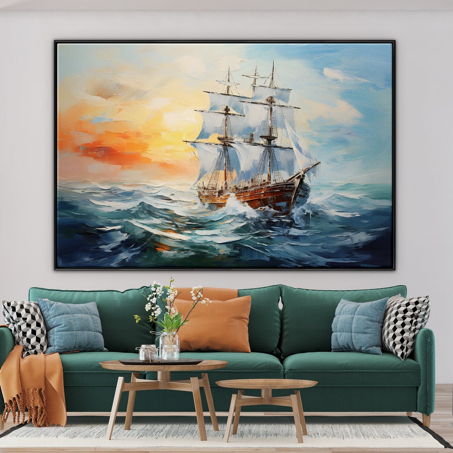Majestic Sailing Ship Sunrise Over Waves - Beautiful Oil Painting
