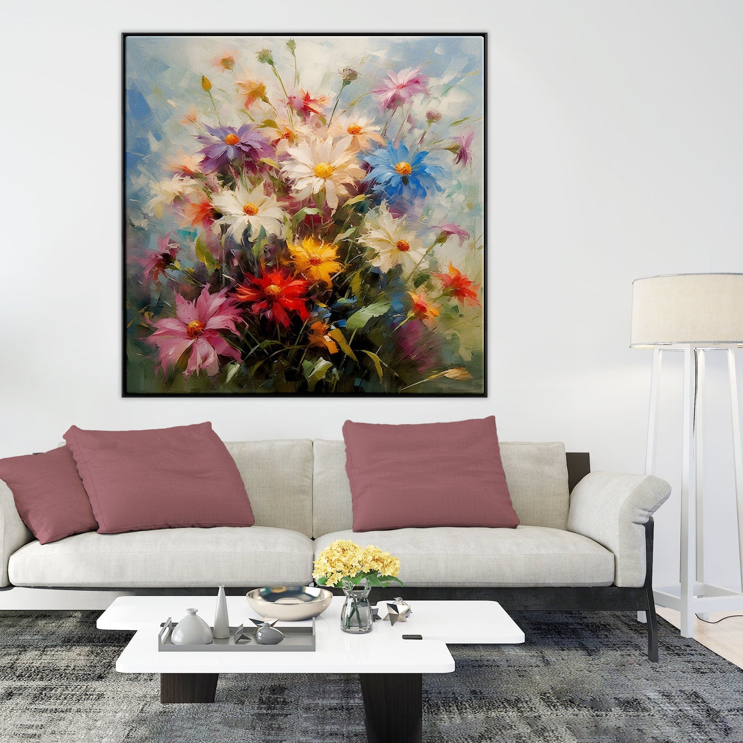Vibrant Floral Oil Painting for Home Decor - Blooming Wildflowers Delightful Colors