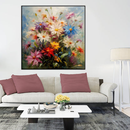 Vibrant Floral Oil Painting for Home Decor - Blooming Wildflowers Delightful Colors
