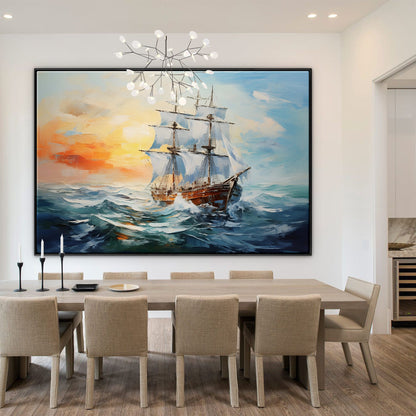 Majestic Sailing Ship Sunrise Over Waves - Beautiful Oil Painting