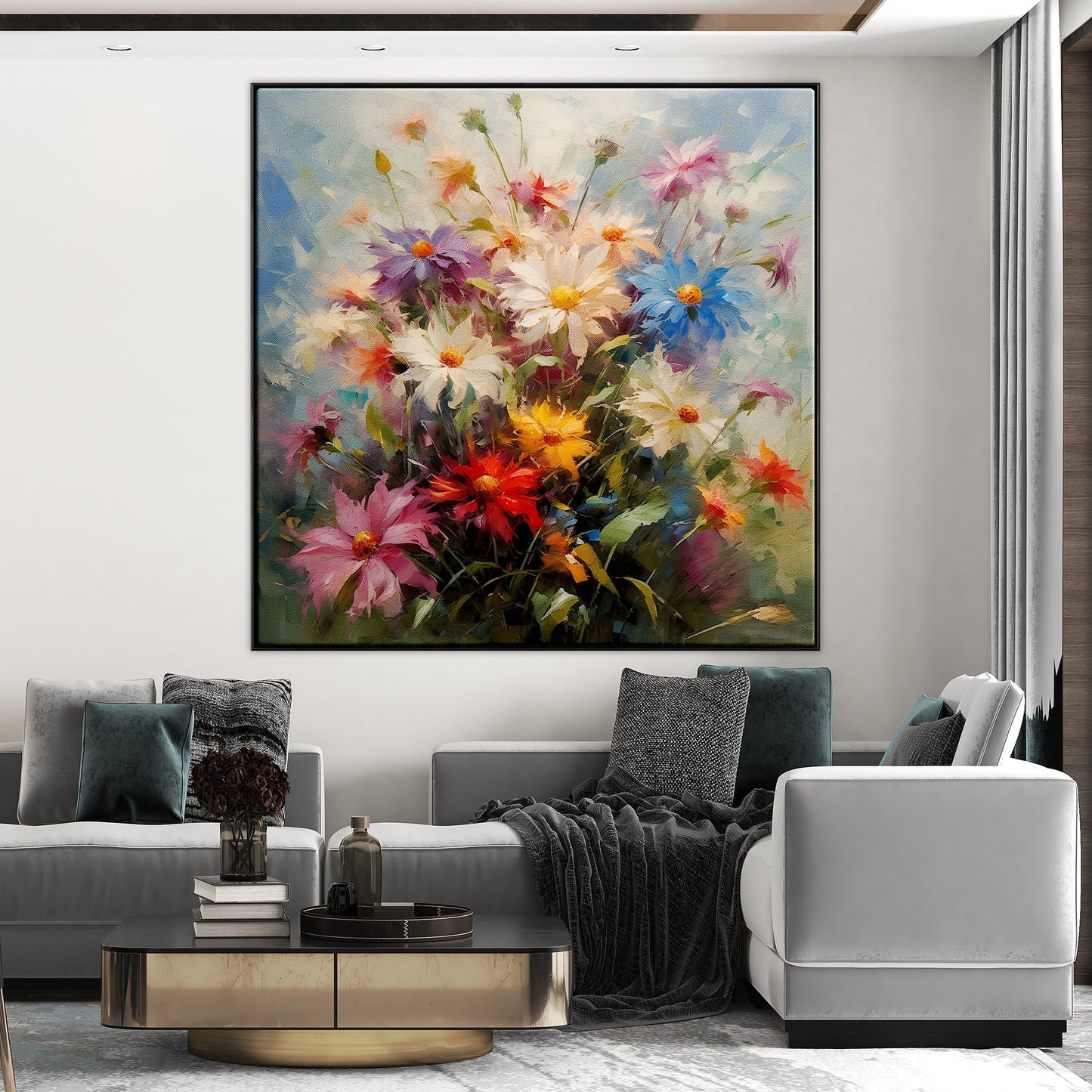 Vibrant Floral Oil Painting for Home Decor - Blooming Wildflowers Delightful Colors