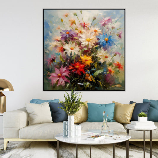 Vibrant Floral Oil Painting for Home Decor - Blooming Wildflowers Delightful Colors