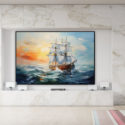 Majestic Sailing Ship Sunrise Over Waves - Beautiful Oil Painting