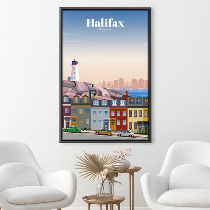 Charming Halifax Waterfront Oil Painting - Coastal Lighthouse & Colorful Houses