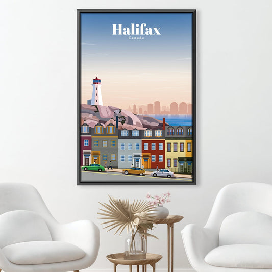 Charming Halifax Waterfront Oil Painting - Coastal Lighthouse & Colorful Houses