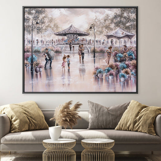 Enchanting Park Scene Oil Painting with Joyful Couples and Colorful Flowers