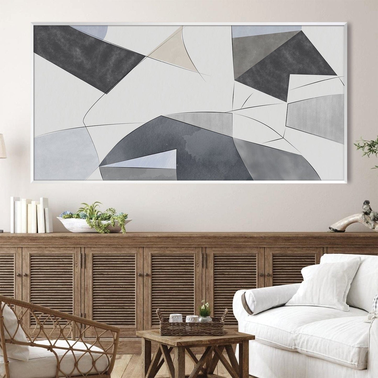 Abstract Geometric Oil Painting in Cool Tones for Modern Home Decor