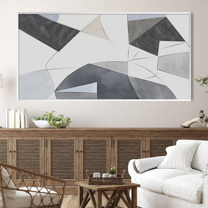 Abstract Geometric Oil Painting in Cool Tones for Modern Home Decor