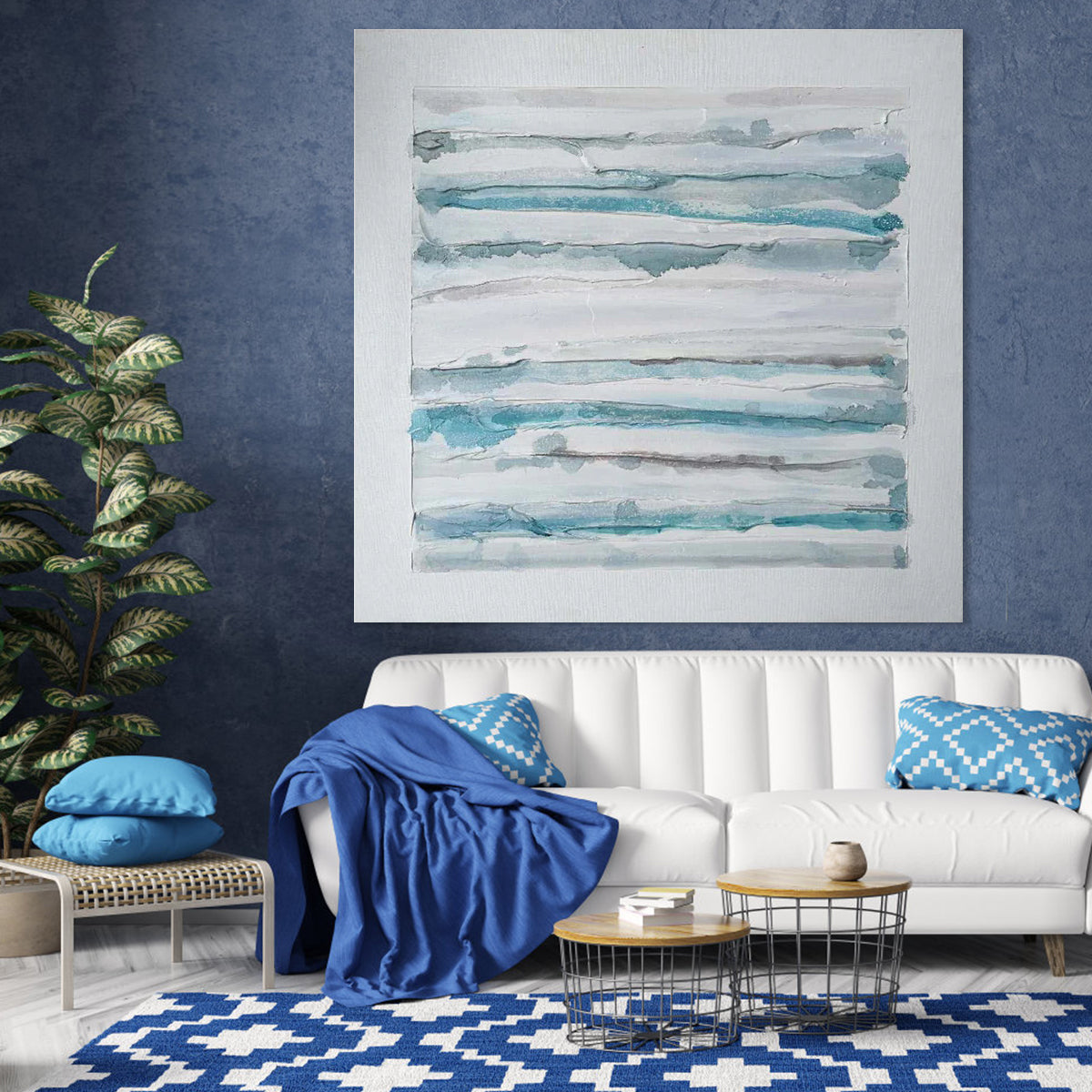 Tranquil Ocean Fusions: Modern Blue and White Abstract Oil Painting for Home Decor