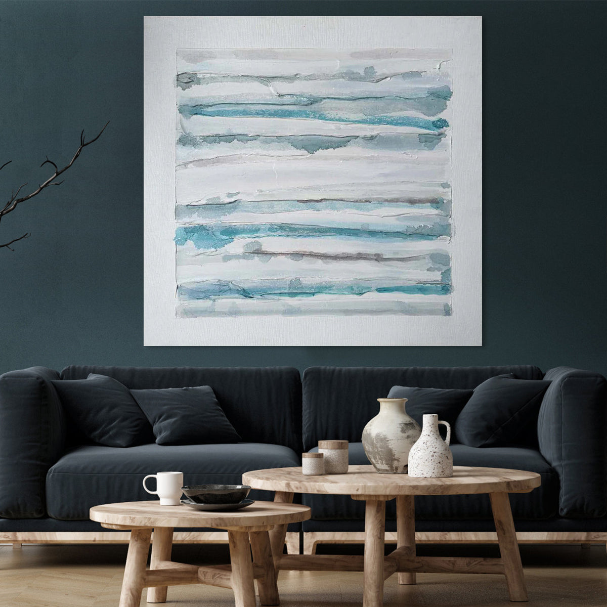 Tranquil Ocean Fusions: Modern Blue and White Abstract Oil Painting for Home Decor