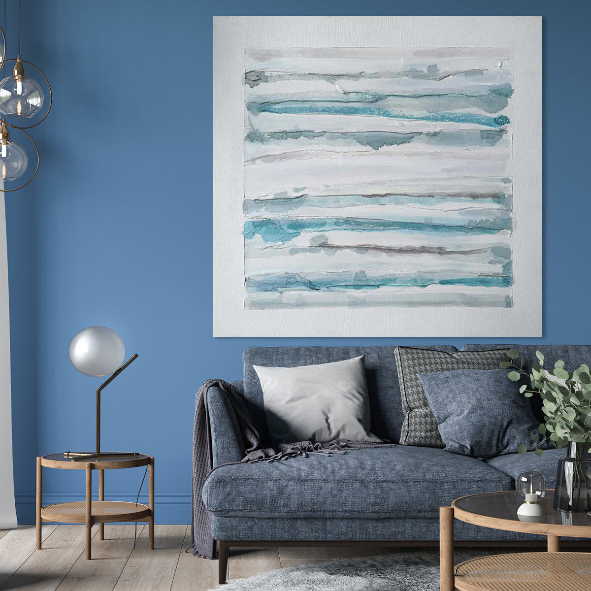 Tranquil Ocean Fusions: Modern Blue and White Abstract Oil Painting for Home Decor