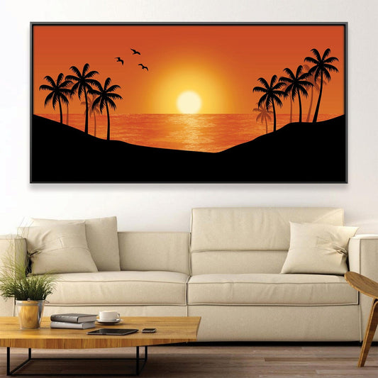 Tropical Hawaiian Sunset Oil Painting with Palm Trees and Serene Ocean View